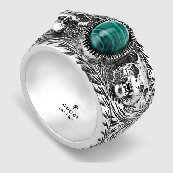 Gucci Garden Sterling Silver and Green Resin Feline Head Motifs Ring - Picture 2 of 11